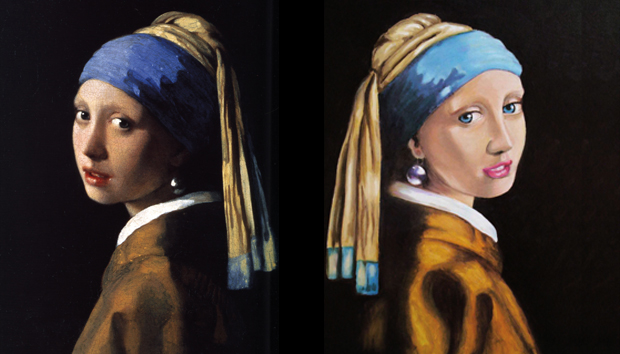 «La joven de la perla» (a la izquierda la original), creada en el siglo XVII por Johannes Vermeer